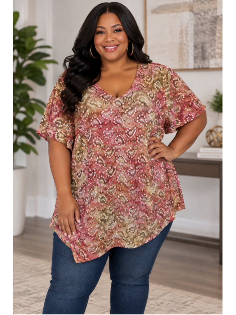 Women's Catherines Maggie Barnes Paisley Short Sleeve Tee Red Beige 1X